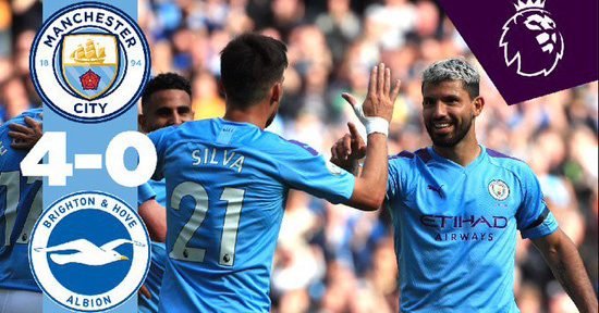 英超-德布劳内传射阿圭罗梅开二度 曼城4-0布莱顿