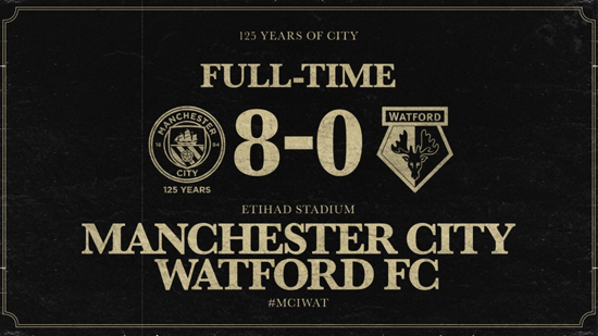 英超-17分钟5球B席帽子戏法 曼城8-0虐沃特福特